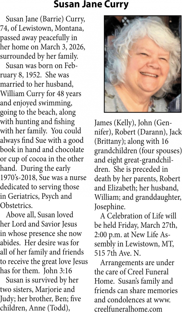 Susan Jane Curry, Obituaries, Glendive, MT