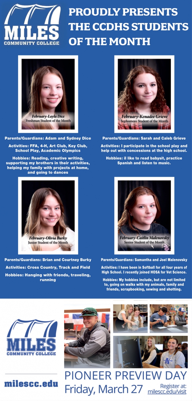 CCDHS Students of The Month, Miles Community College, Miles City, MT