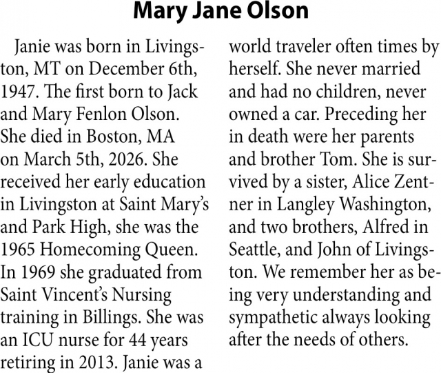 Mary Jane Olson, Obituaries, Glendive, MT