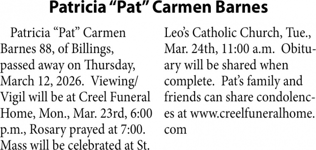 Patricia Carmen Barnes, Obituaries, Glendive, MT