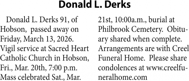 Donald L. Derks, Obituaries, Glendive, MT
