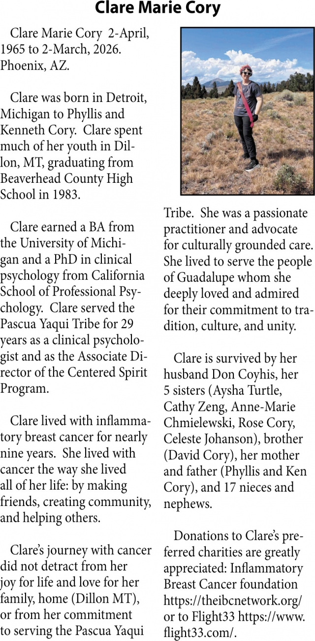 Clare Marie Cory, Obituaries, Glendive, MT