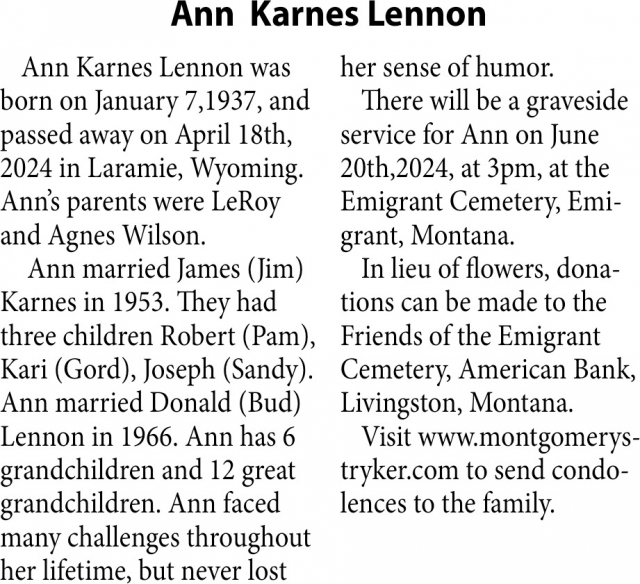 Ann Karnes Lennon, Obituaries, Glendive, MT