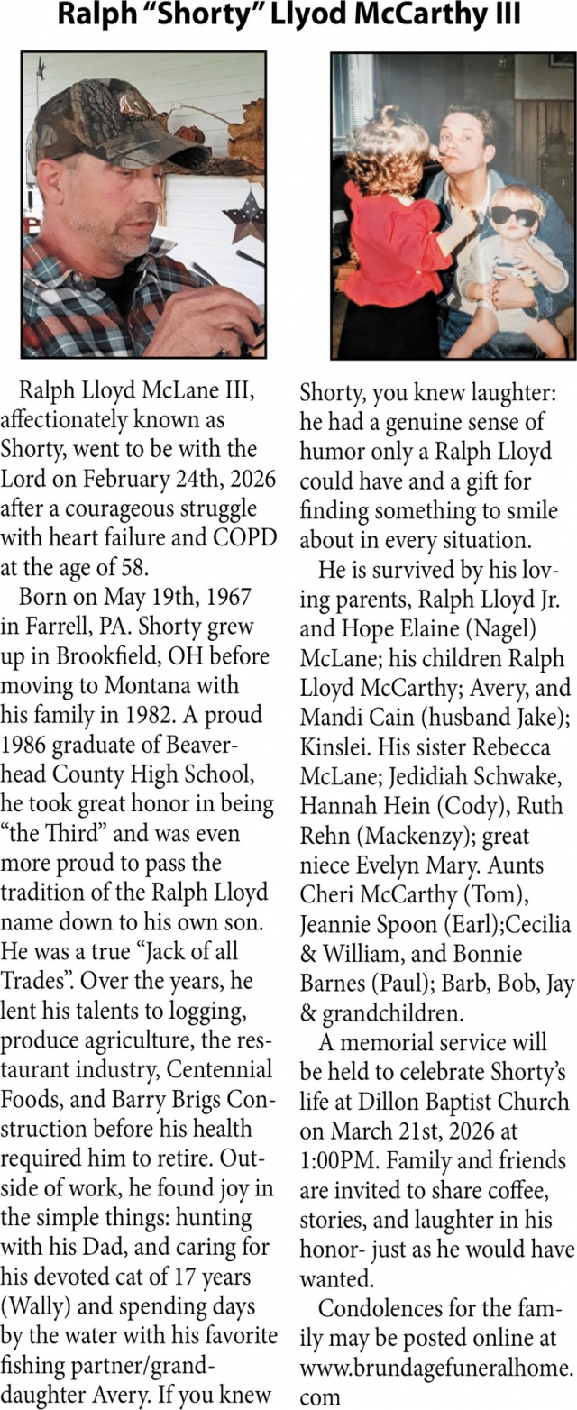 Ralph Llyod McCarthy III, Obituaries, Glendive, MT