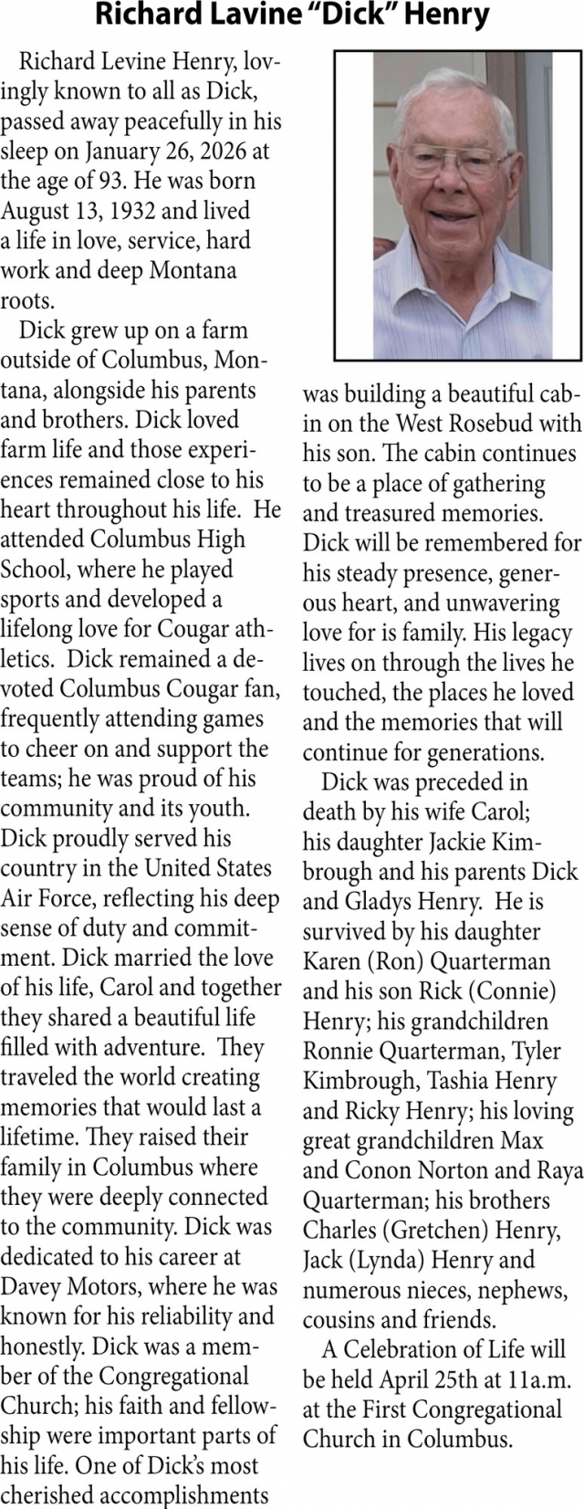 Richard Lavine Henry, Obituaries, Glendive, MT