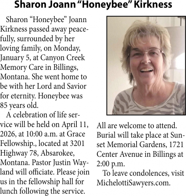 Sharon Joann Kirkness, Obituaries, Glendive, MT