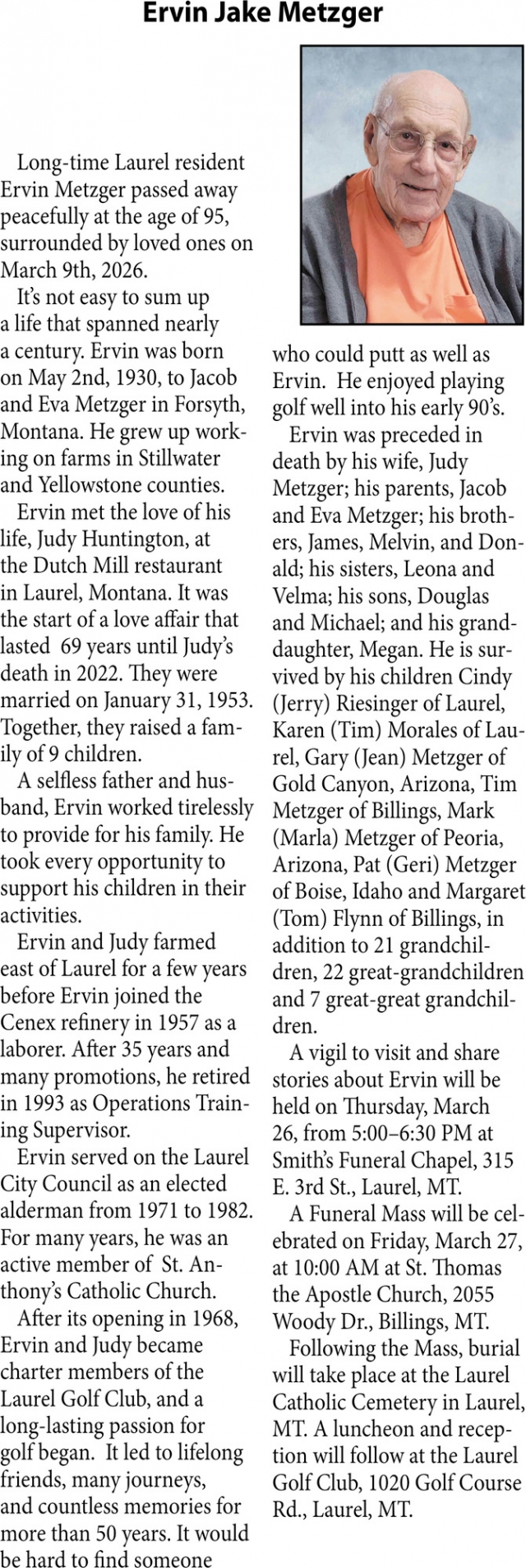 Ervin Jake Metzger, Obituaries, Glendive, MT