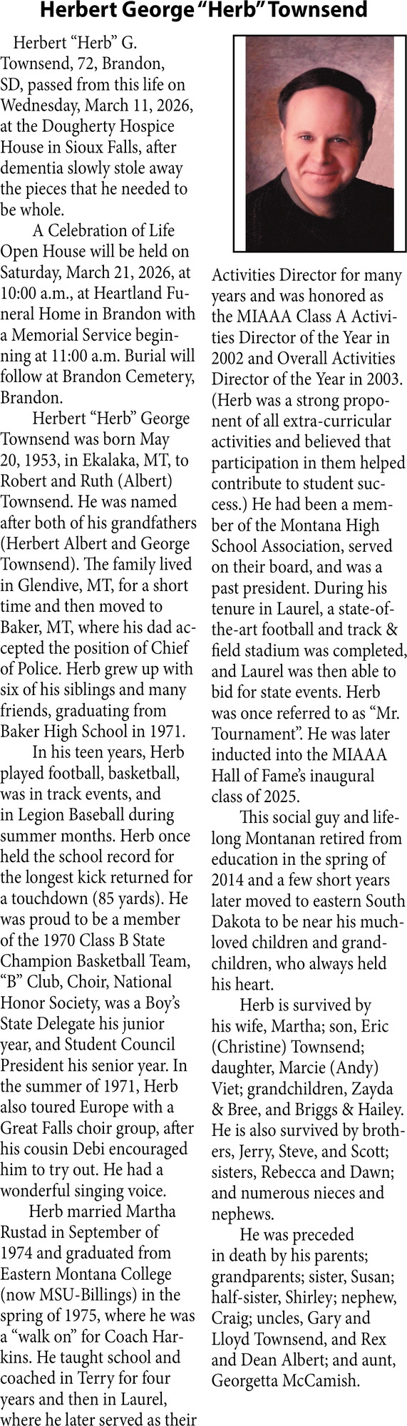 Herbet George Townsend, Obituaries, Glendive, MT