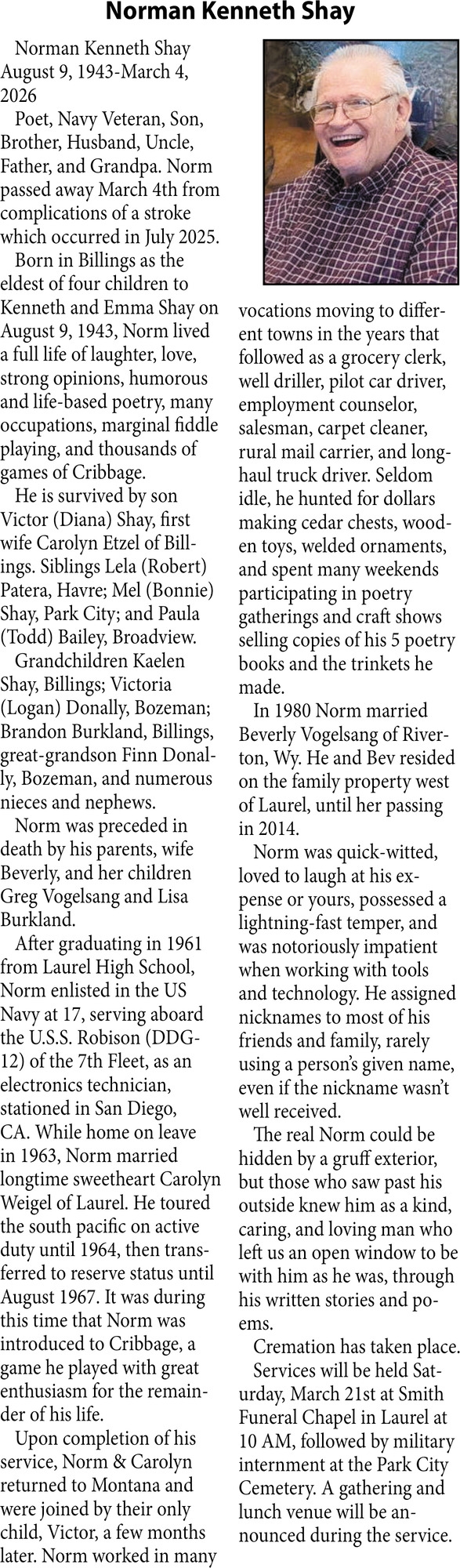 Norman Kenneth Shay, Obituaries, Glendive, MT