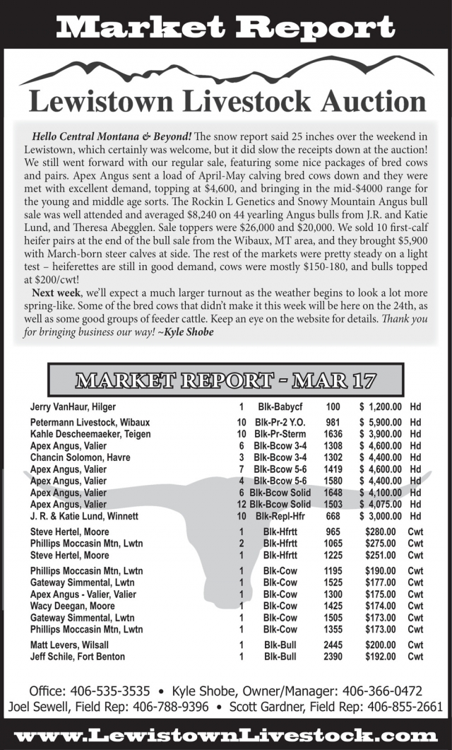 Market Report, Lewistown Livestock Auction, Lewistown, MT