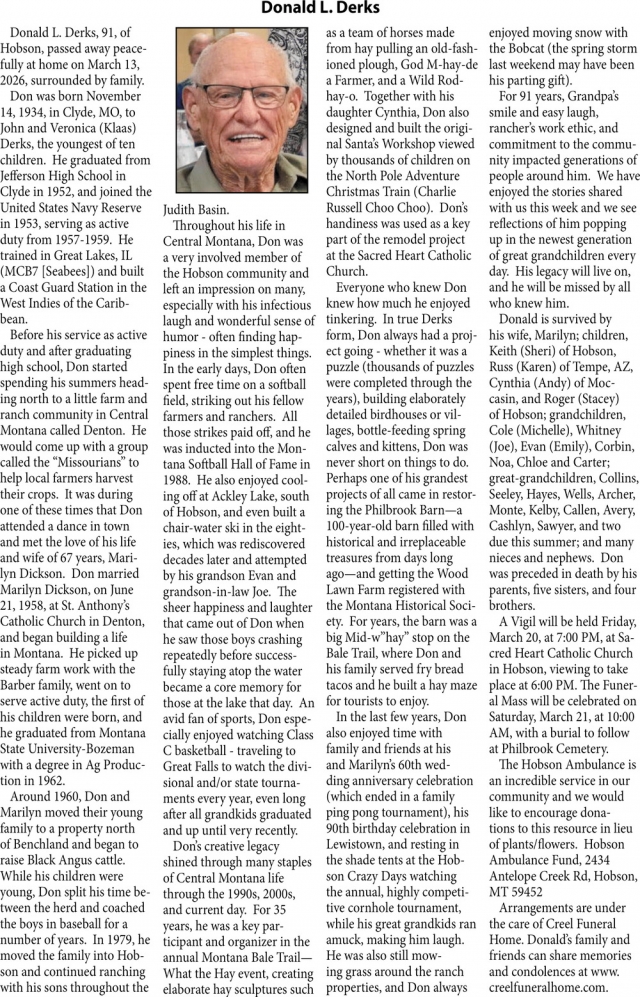 Donald L. Derks, Obituaries, Glendive, MT