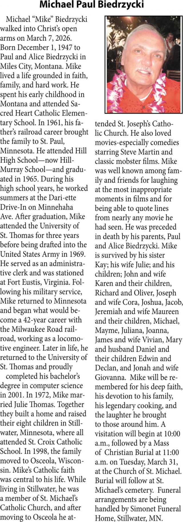 Michael Paul Biedrzycki, Obituaries, Glendive, MT
