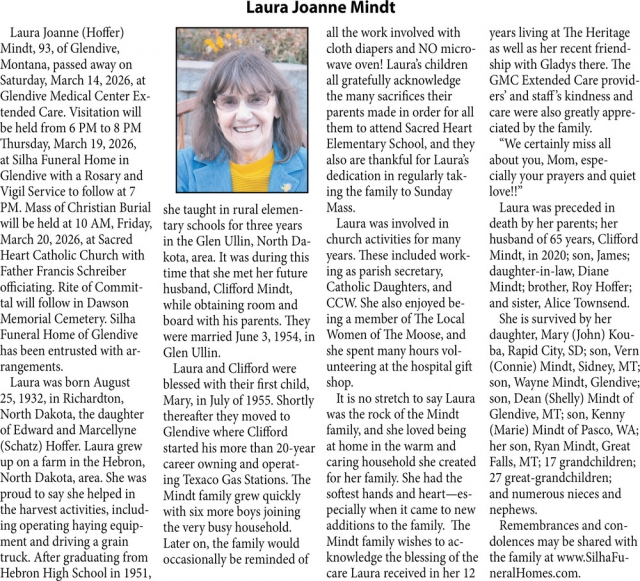 Laura Joanne Mindt, Obituaries, Glendive, MT