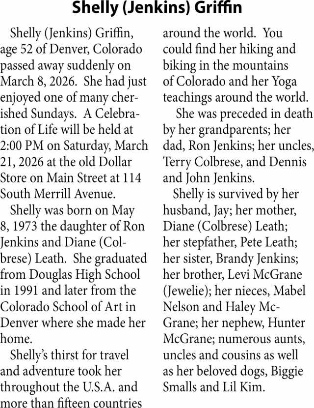 Shelly Griffin, Obituaries, Glendive, MT