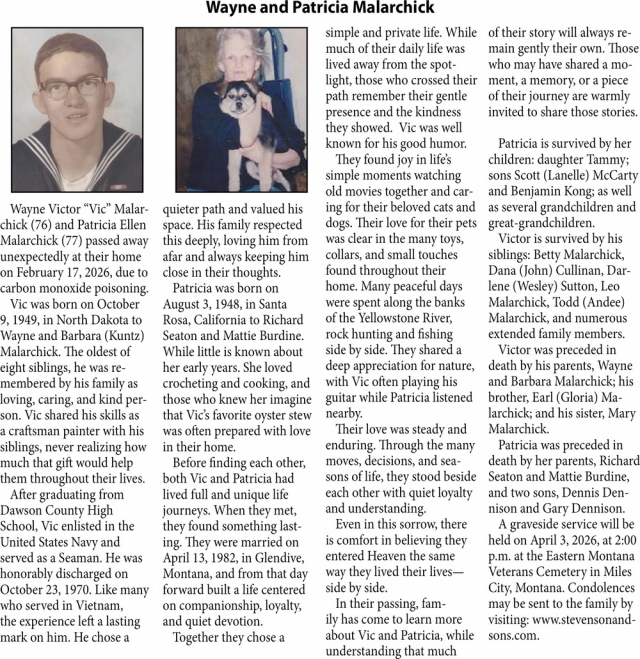 Wayne and Patricia Malarchick, Obituaries, Glendive, MT