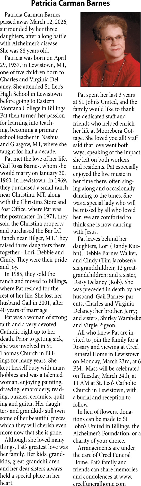 Patricia Carman Barnes, Obituaries, Glendive, MT