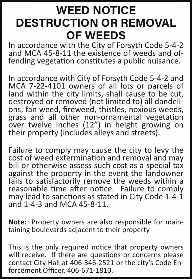 Weed Notice Destruction or Removal of Weeds, City of Forsyth, Forsyth, MT