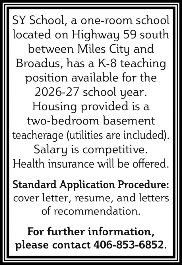 K-8 Teaching Position, 406-853-6852