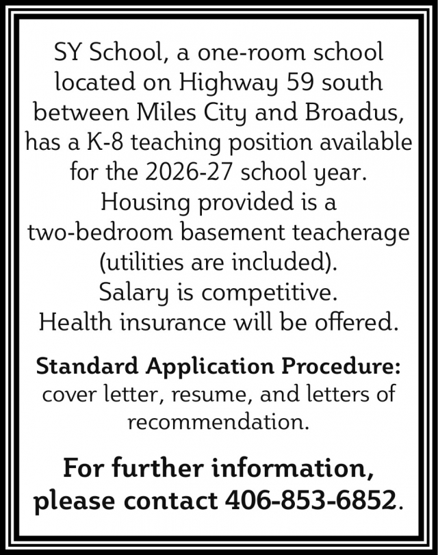 K-8 Teaching Position, 406-853-6852