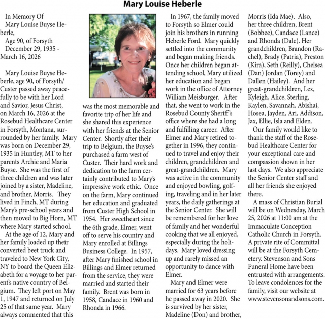 Mary Louise Heberle, Obituaries, Glendive, MT