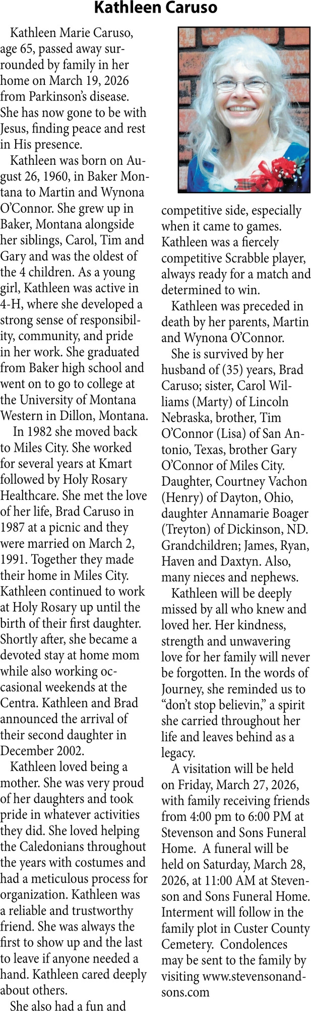 Kathleen Caruso, Obituaries, Glendive, MT