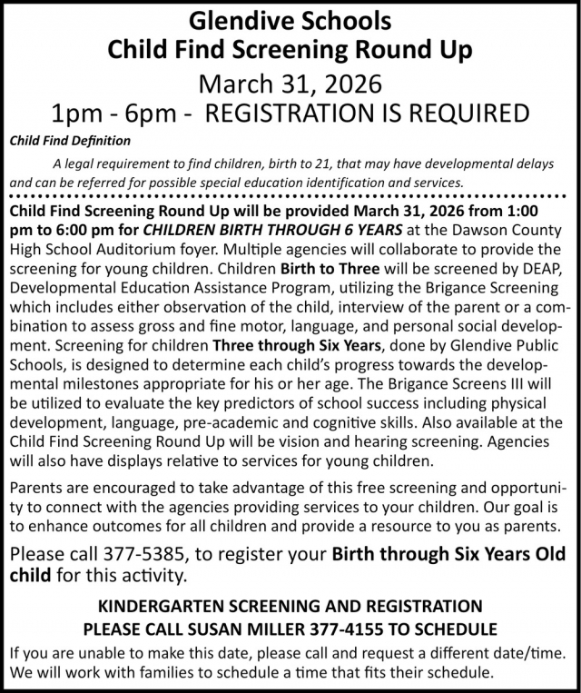 Child Find Screening Round Up, Glendive Public Schools, Glendive, MT