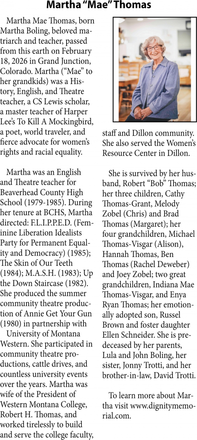 Martha Thomas, Obituaries, Glendive, MT