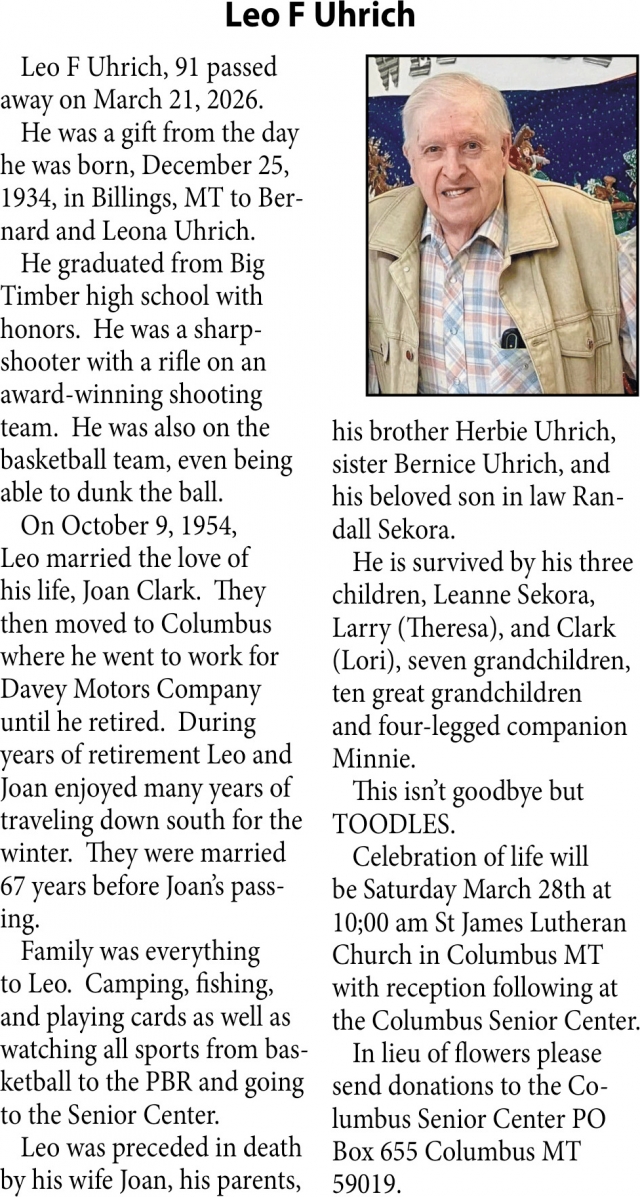 Leo F Uhrich, Obituaries, Glendive, MT