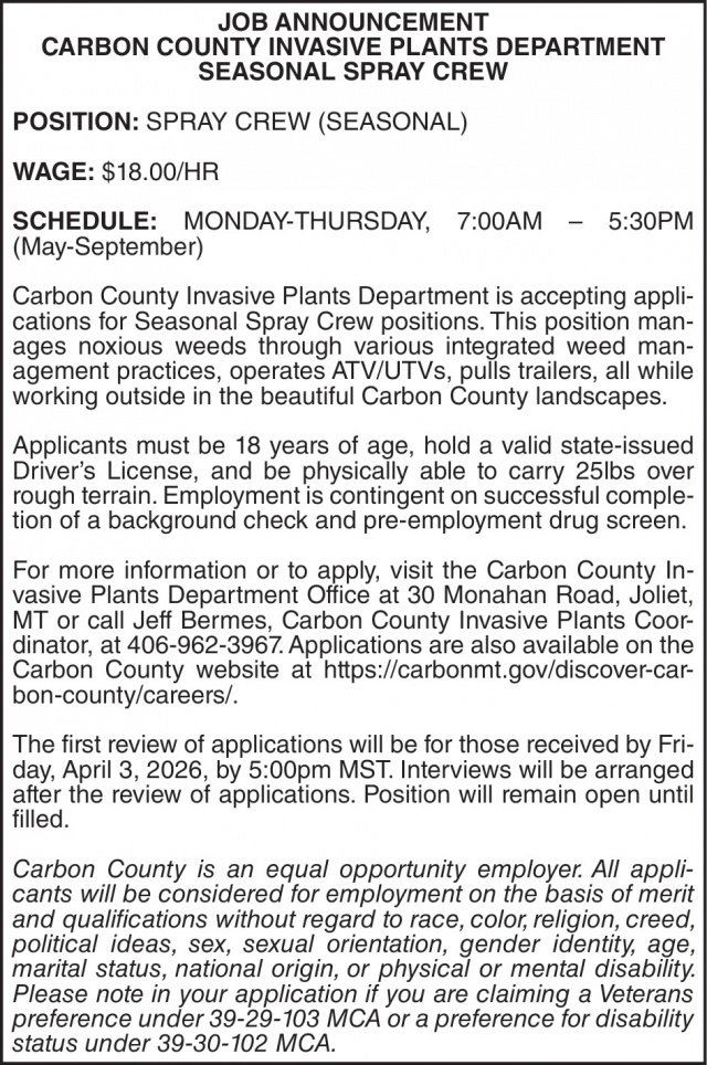 Seasonal Spray Crew, Carbon County Invasive Plants Department