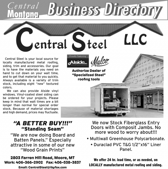 Your Local Metal Roll Former, Central Steel LLC, Moore, MT