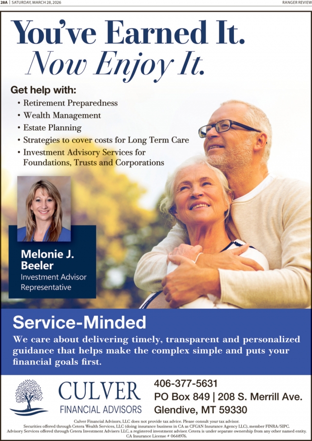 You've Earned It. Now Enjoy It., Culver Financial Advisors