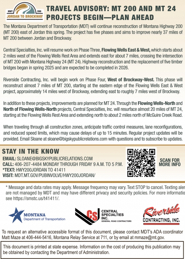 Travel Advisory, Montana Department of Transportation, Helena, MT