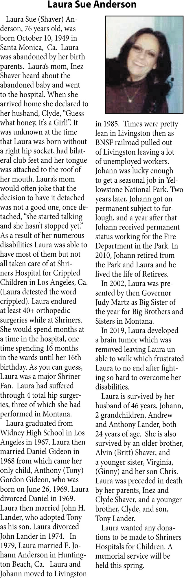 Laura Sue Anderson, Obituaries, Glendive, MT