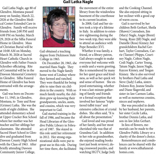 Gail Latka Nagle, Obituaries, Glendive, MT