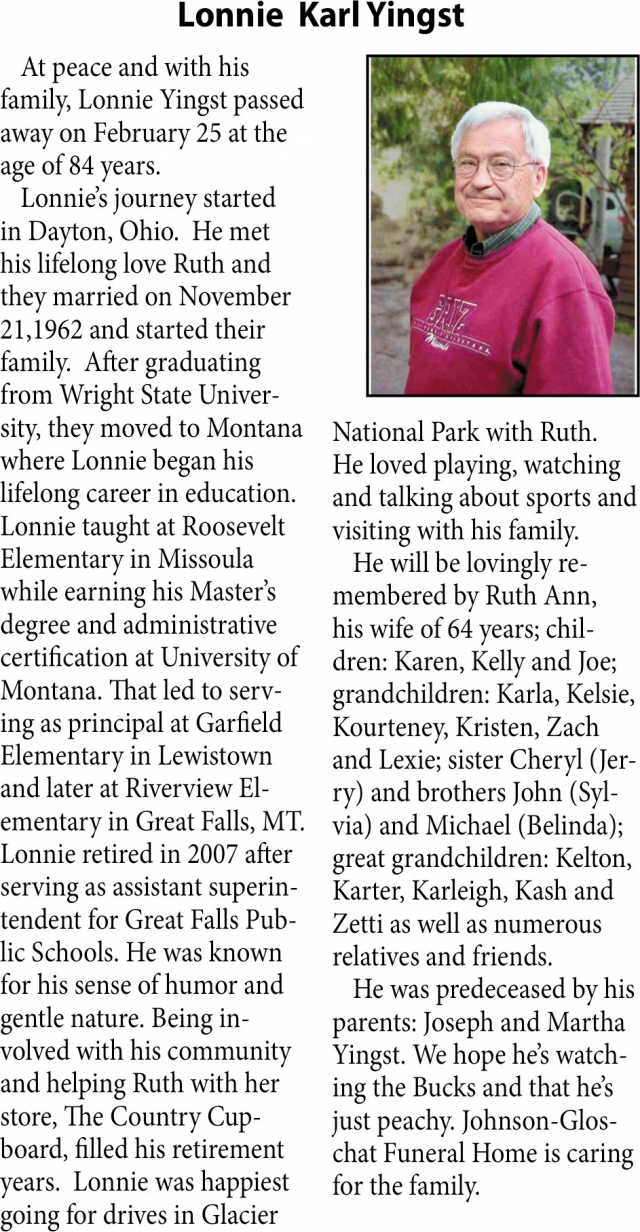 Lonnie Karl Yingst, Obituaries, Glendive, MT