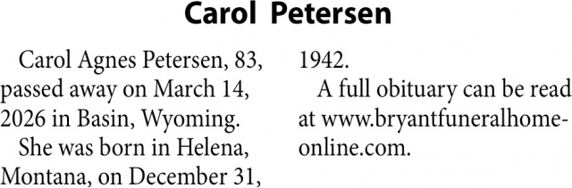 Carol Petersen, Obituaries, Glendive, MT