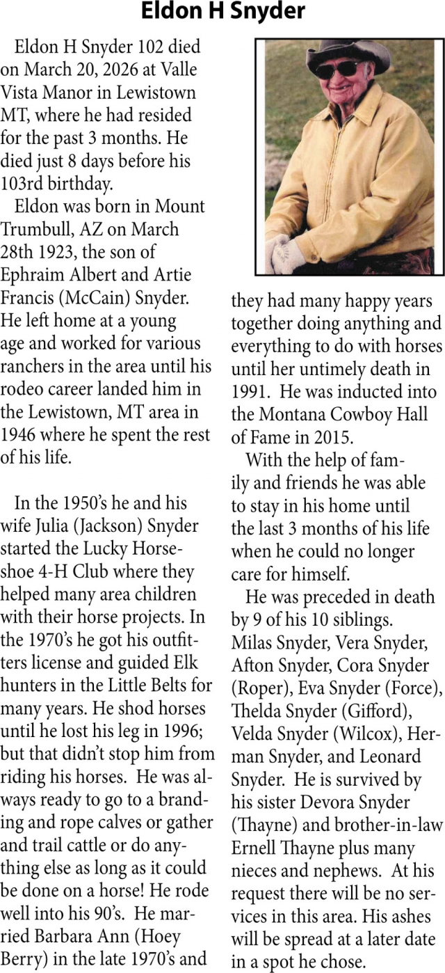 Eldon H Snyder, Obituaries, Glendive, MT