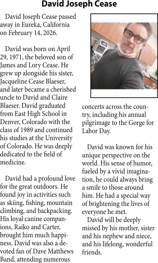 David Joseph Cease, Obituaries, Glendive, MT