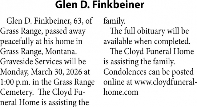 Glen D. Finkbeiner, Obituaries, Glendive, MT