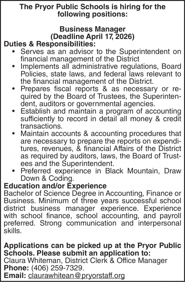 Business Manager, The Pryor Public Schools, Pryor, MT