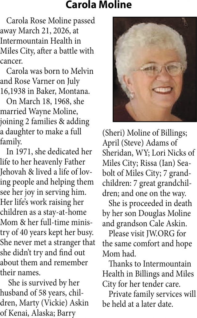 Carola Moline, Obituaries, Glendive, MT