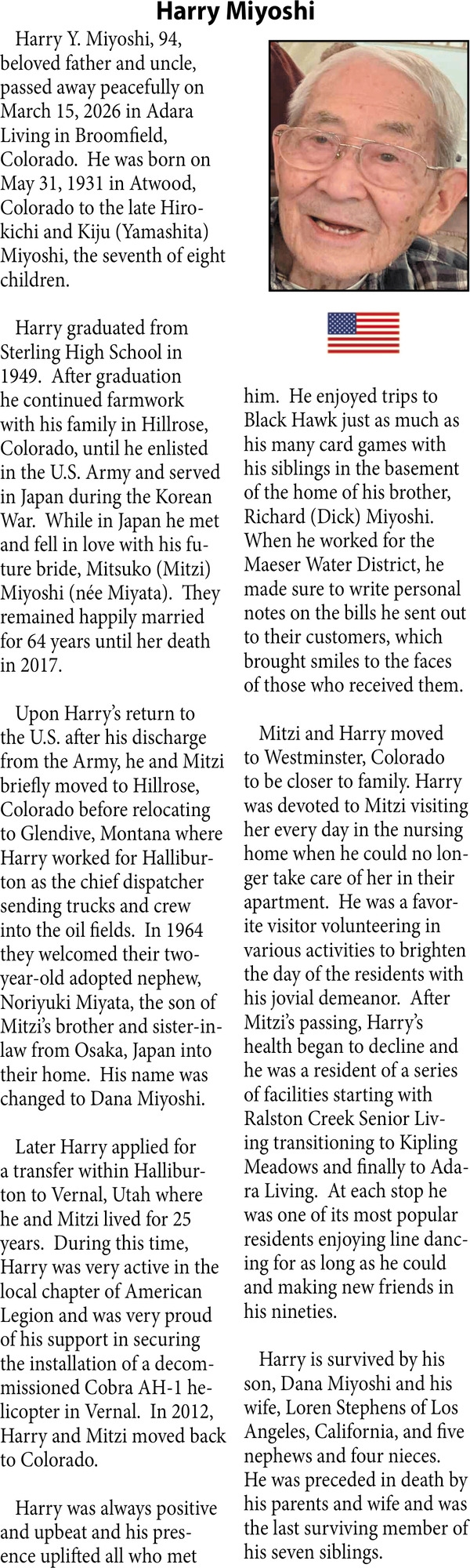 Harry Miyoshi, Obituaries, Glendive, MT