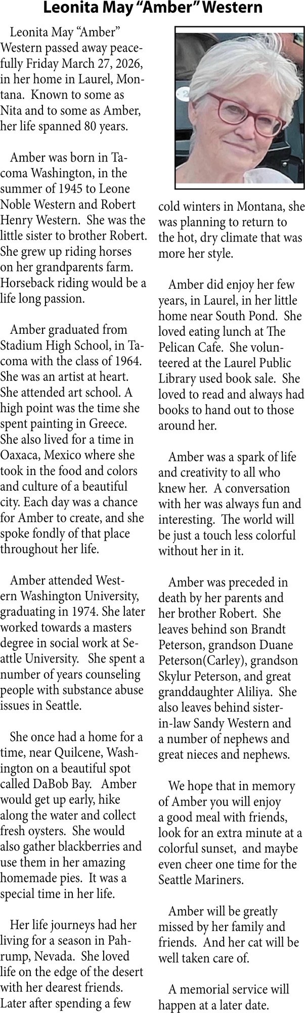 Leonita May Western, Obituaries, Glendive, MT