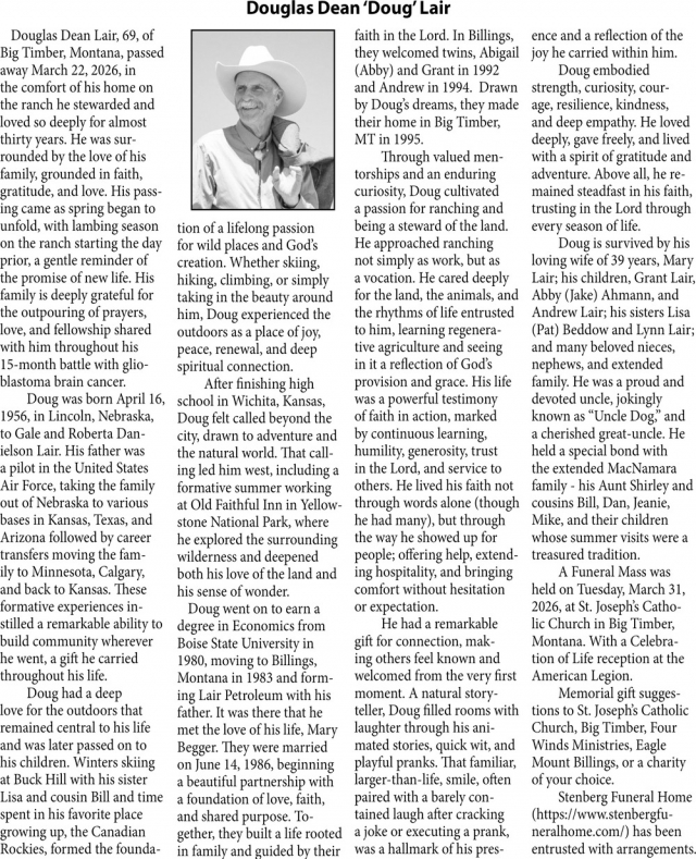 Douglas Dean Lair, Obituaries, Glendive, MT