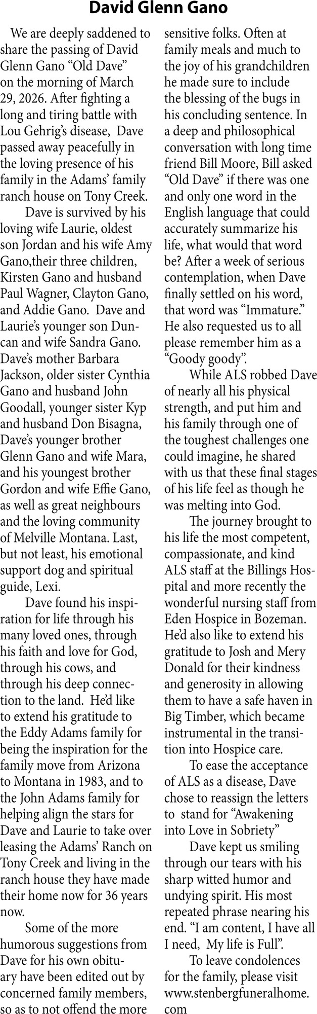 David Glenn Gano, Obituaries, Glendive, MT