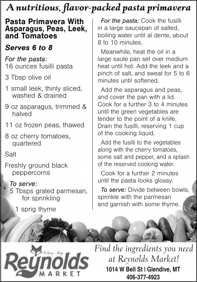 A Nutritious, Flavor-Packed Pasta Primavera, Reynolds Market, Sidney, MT