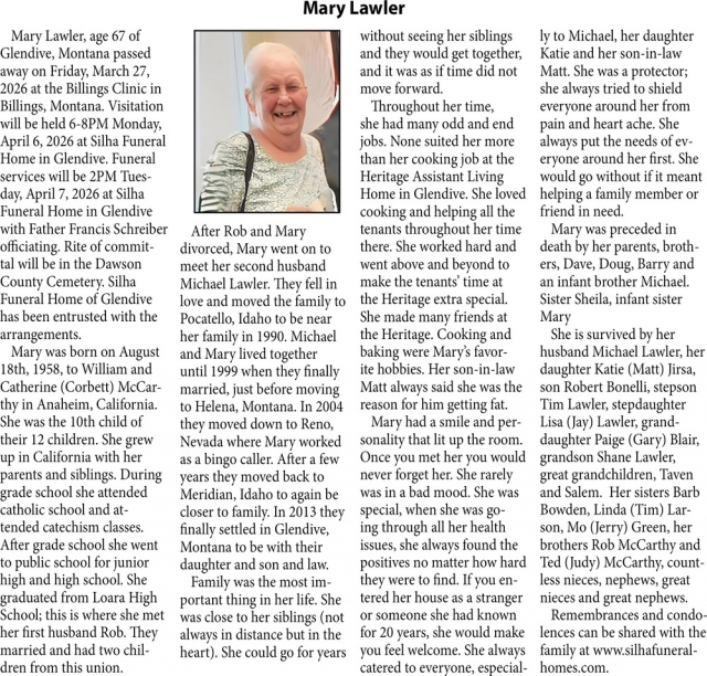 Mary Lawler, Obituaries, Glendive, MT