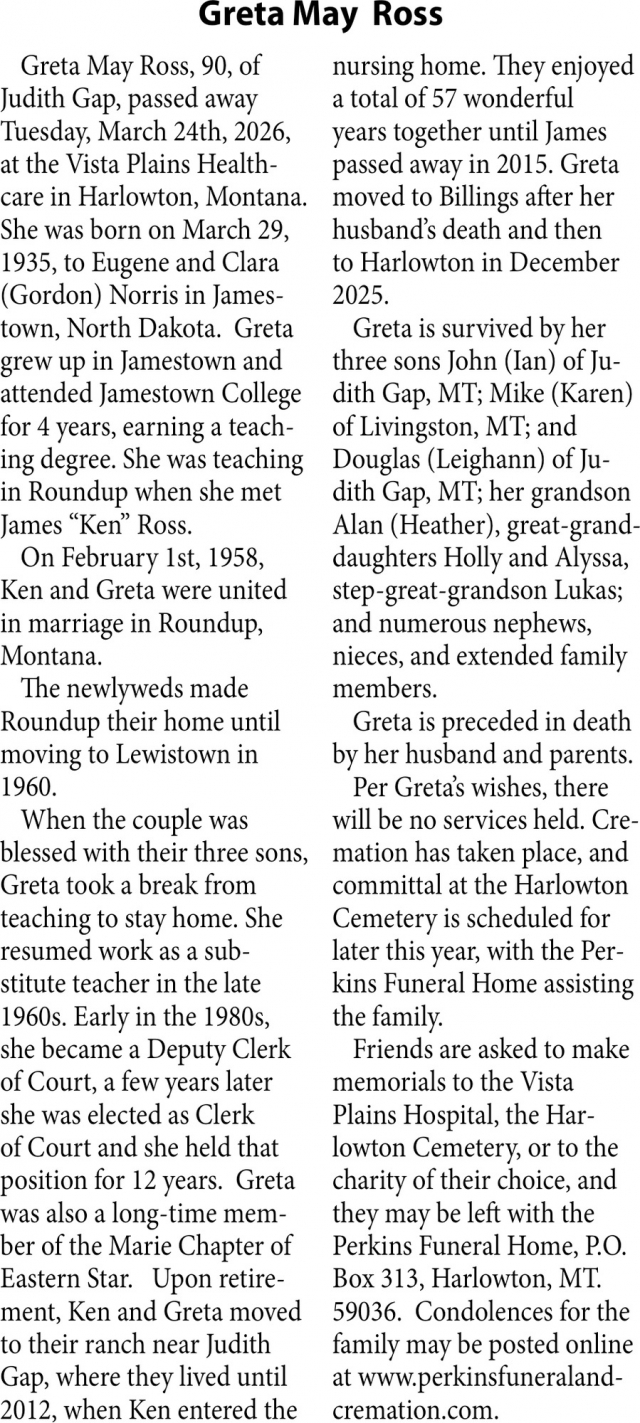 Greta May Ross, Obituaries, Glendive, MT