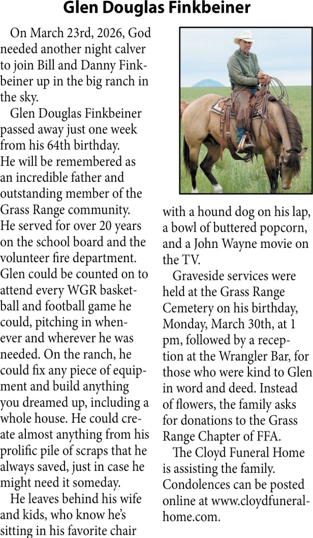 Glen Dougles Finkbeiner, Obituaries, Glendive, MT