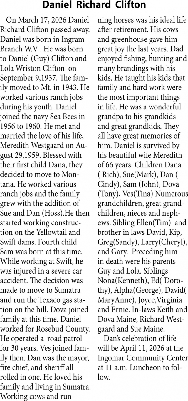 Daniel Richard Clifton, Obituaries, Glendive, MT